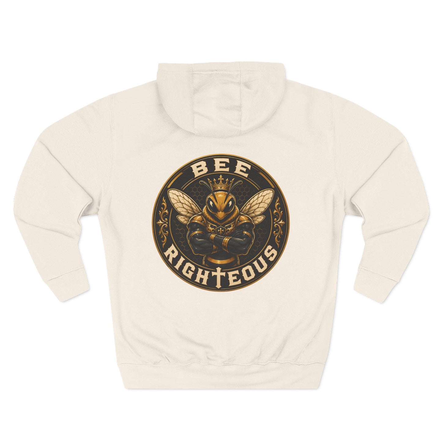 Beige hoodie with a bee-themed graphic and text on a white background