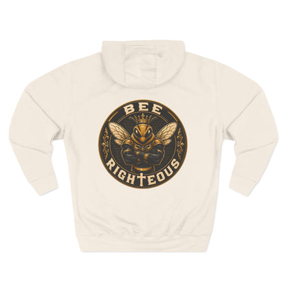 Beige hoodie with a bee-themed graphic and text on a white background