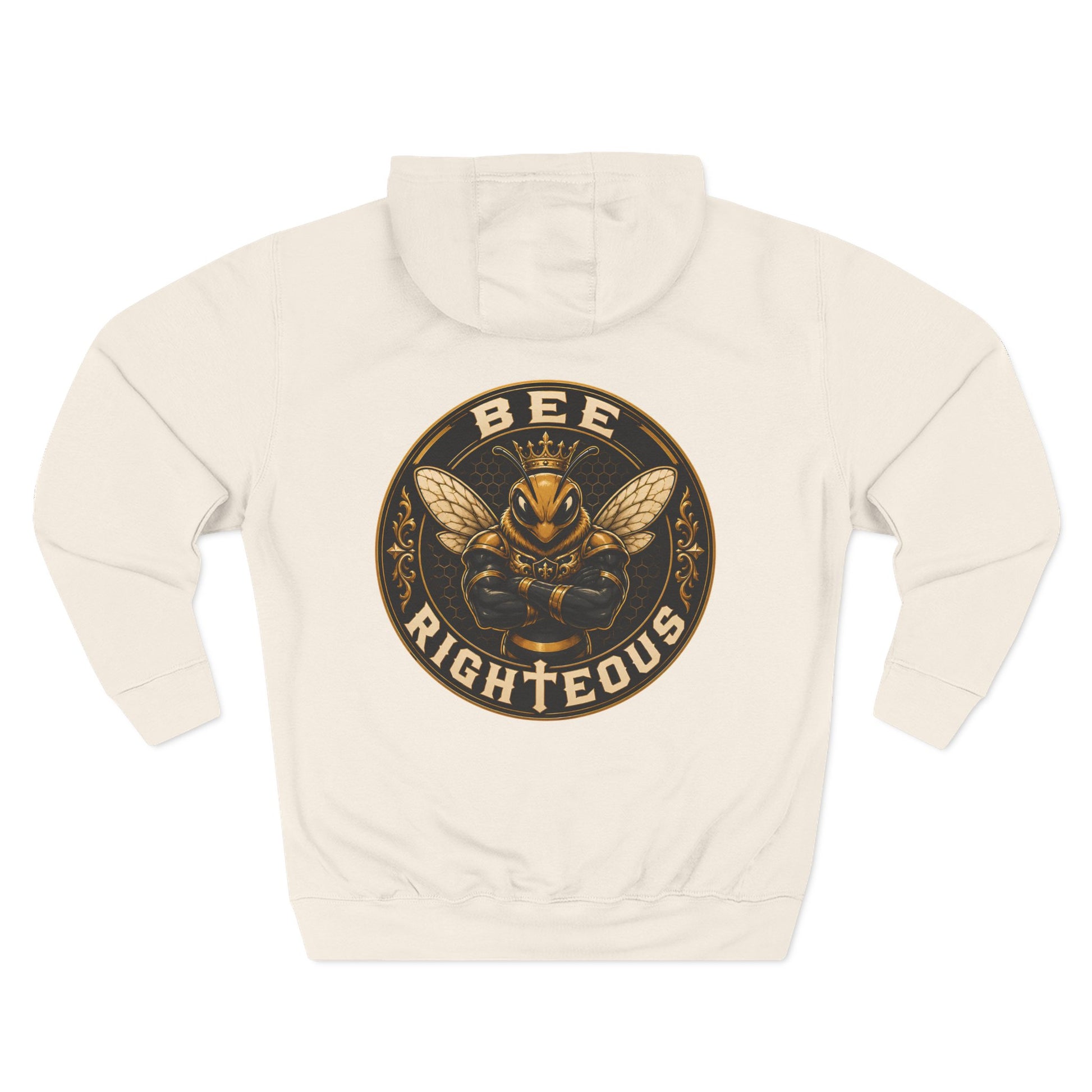 Beige hoodie with a bee-themed graphic and text on a white background
