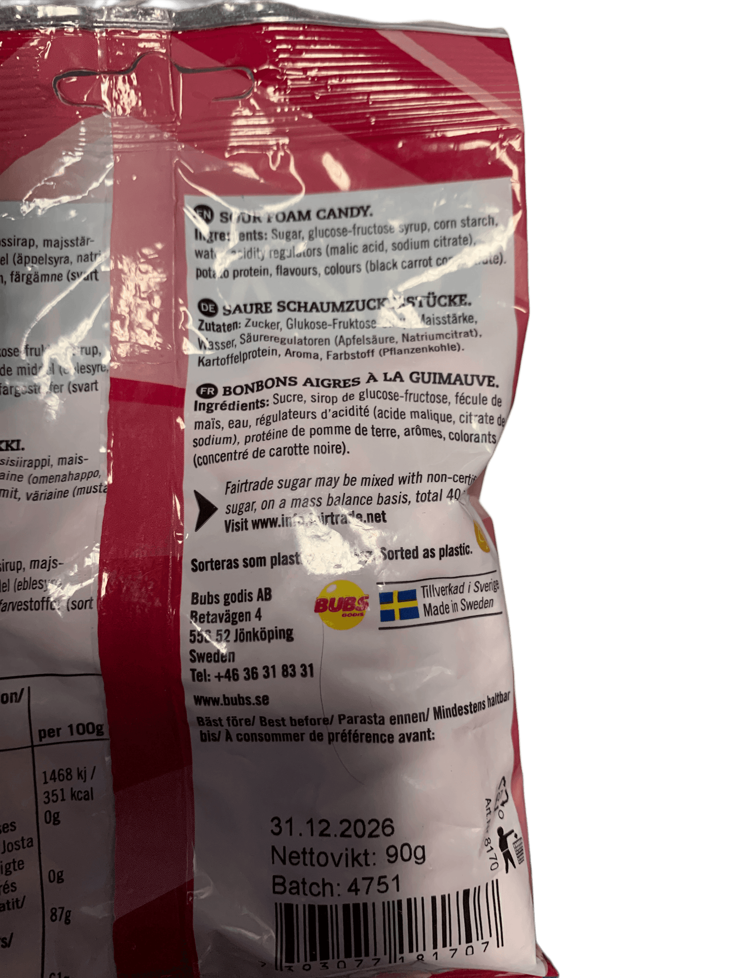 BUBS Godis Cool Hallon SKALLE Skum Candy Bag 90G - Swedish Edition