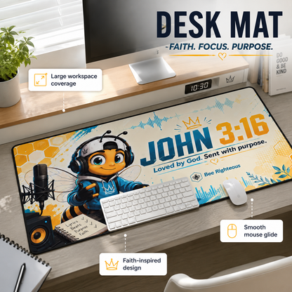 Desk mat with cartoon bee character and motivational text on a desk setup.