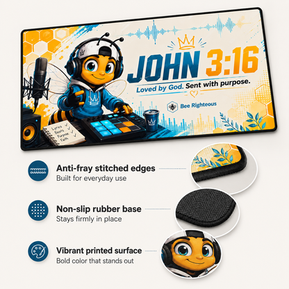 John 3:16 themed mouse pad with bee character and product features highlighted.