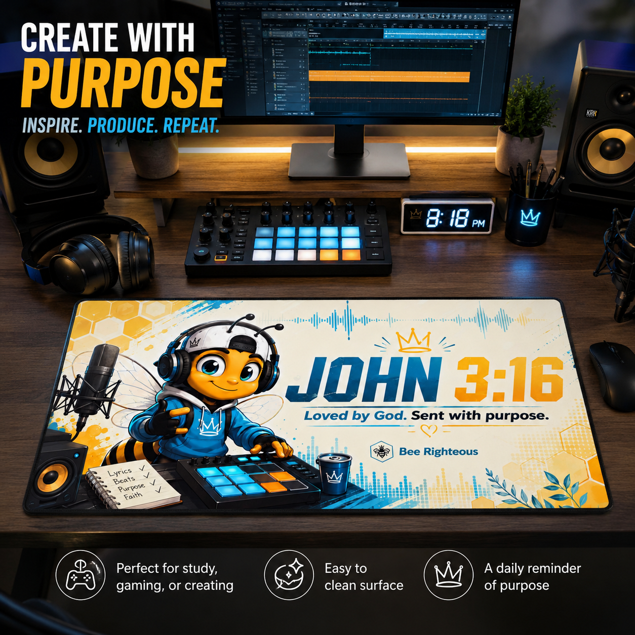 Desk setup with music production equipment and a decorative mouse pad featuring a character and text.