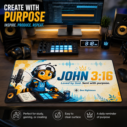 Desk setup with music production equipment and a decorative mouse pad featuring a character and text.