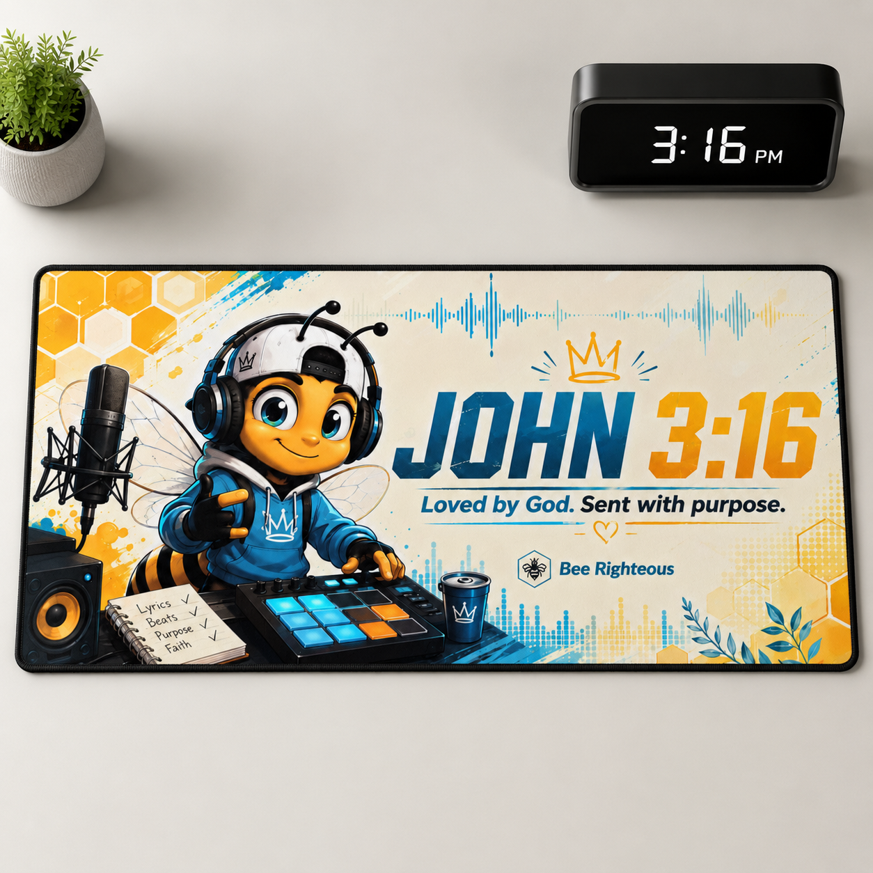 Desk mat with bee character, music equipment, and 'John 3:16' text on a desk with a clock and plant.
