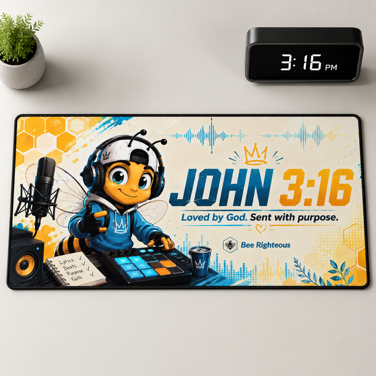 Desk mat with bee character, music equipment, and 'John 3:16' text on a desk with a clock and plant.