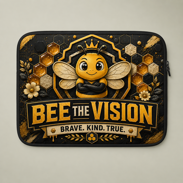 Laptop sleeve with a bee design and 'Bee the Vision' text on a beige background