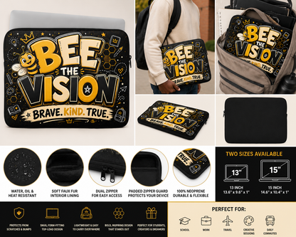 Collage of a laptop sleeve with 'Bee the Vision' design, showing different views and product details.