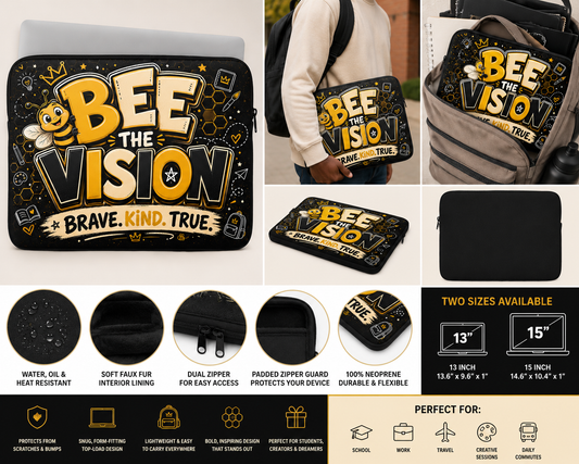 Collage of a laptop sleeve with 'Bee the Vision' design, showing different views and product details.
