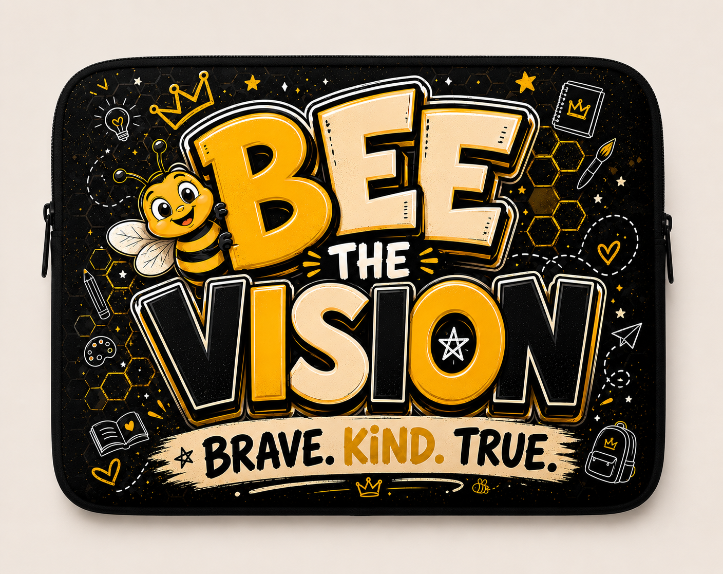 Laptop sleeve with 'Bee the Vision' design featuring a bee and motivational text on a black background.