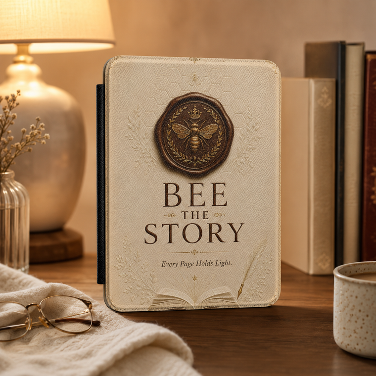 Decorative notebook with 'Bee the Story' design on a wooden surface with books and a lamp in the background.