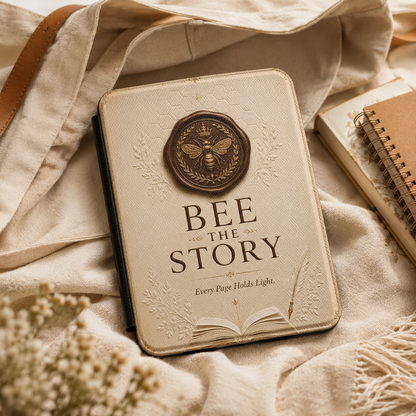 Decorative notebook with 'BEE THE STORY' design on a soft fabric background