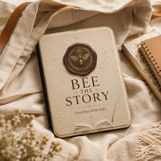 Decorative notebook with 'BEE THE STORY' design on a soft fabric background