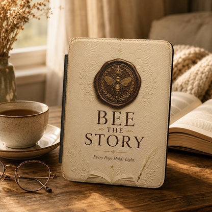 Decorative notebook with 'Bee the Story' design on a wooden table with a cup of coffee and glasses.