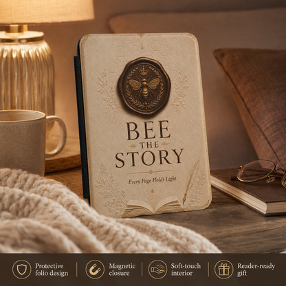 Notebook with 'Bee the Story' design on a wooden surface with a cup and glasses.
