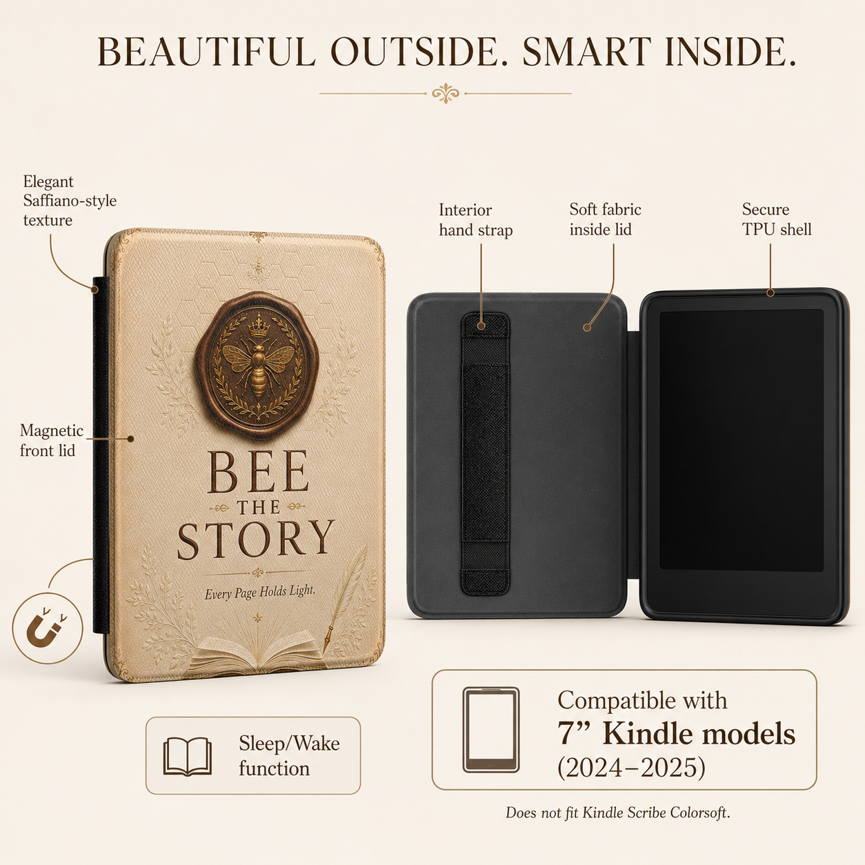 Kindle case with 'BEE THE STORY' design, featuring text and graphics about its features.