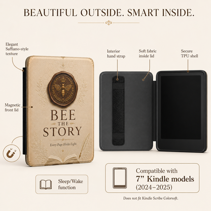 Kindle case with 'BEE THE STORY' design, featuring text and graphics about its features.