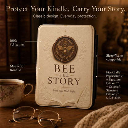 Kindle cover with bee emblem and text, placed on a wooden surface with a cup and glasses.