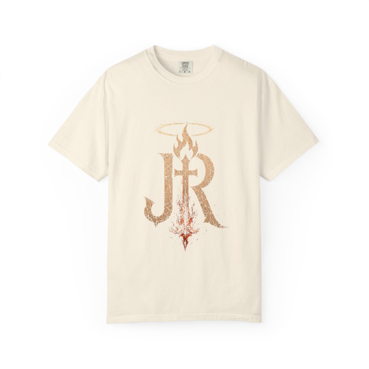 Beige t-shirt with decorative logo on a white background