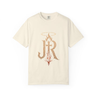 Beige t-shirt with decorative logo on a white background