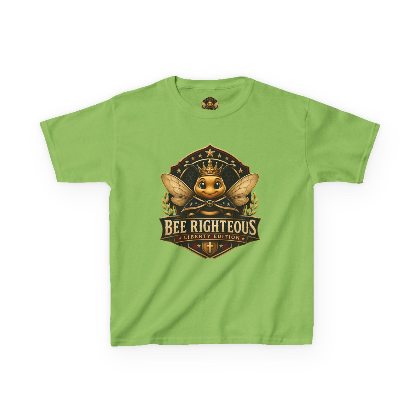 Green t-shirt with a bee-themed graphic and text on a white background