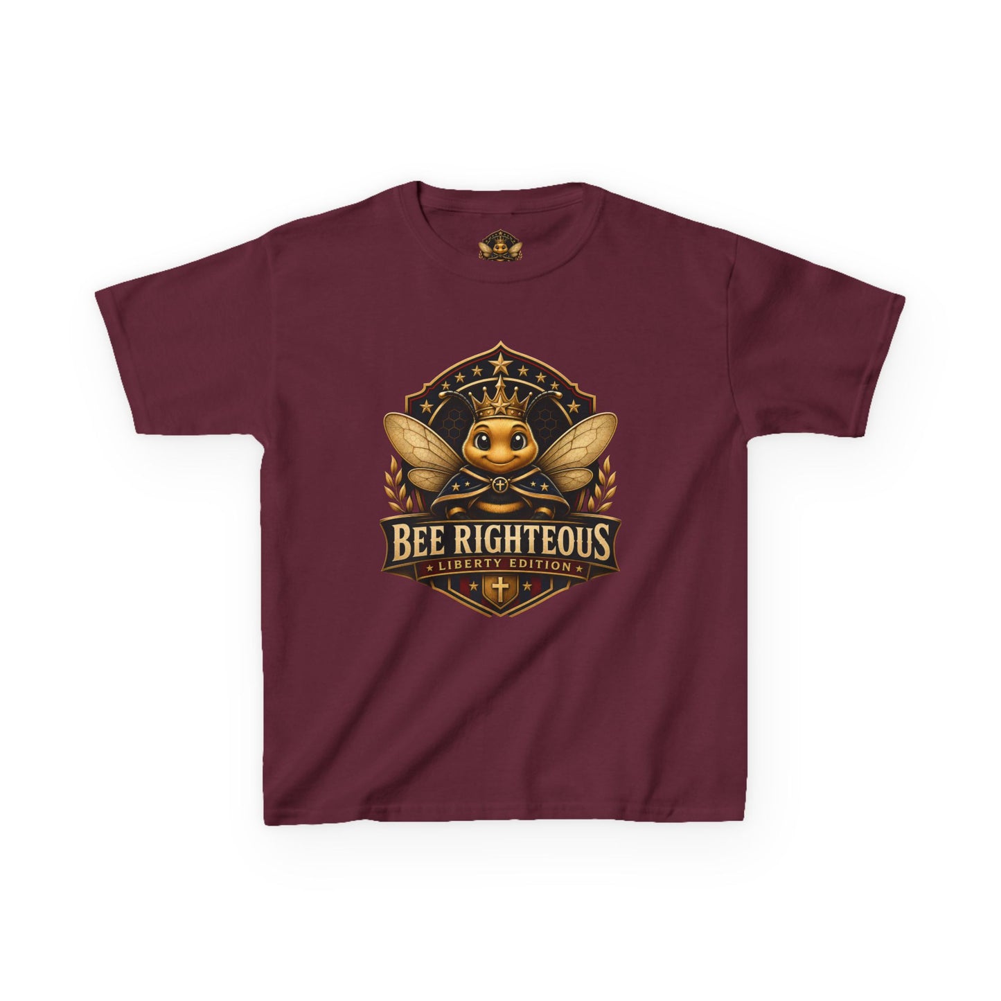 Maroon t-shirt with a bee graphic and 'Bee Righteous' text on a white background