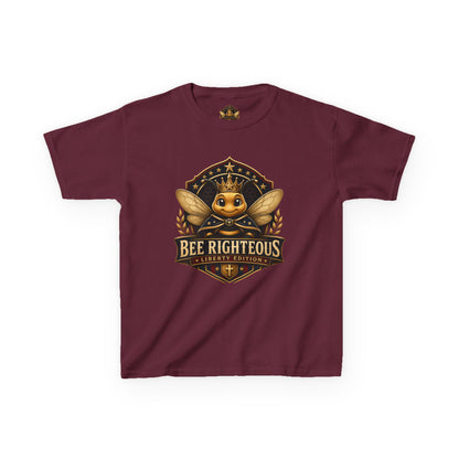 Maroon t-shirt with a bee graphic and 'Bee Righteous' text on a white background