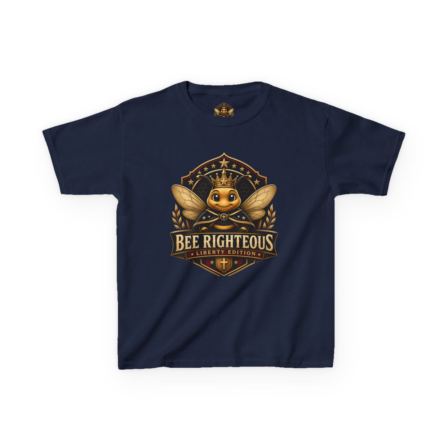Navy blue t-shirt with a gold and white graphic design on a white background