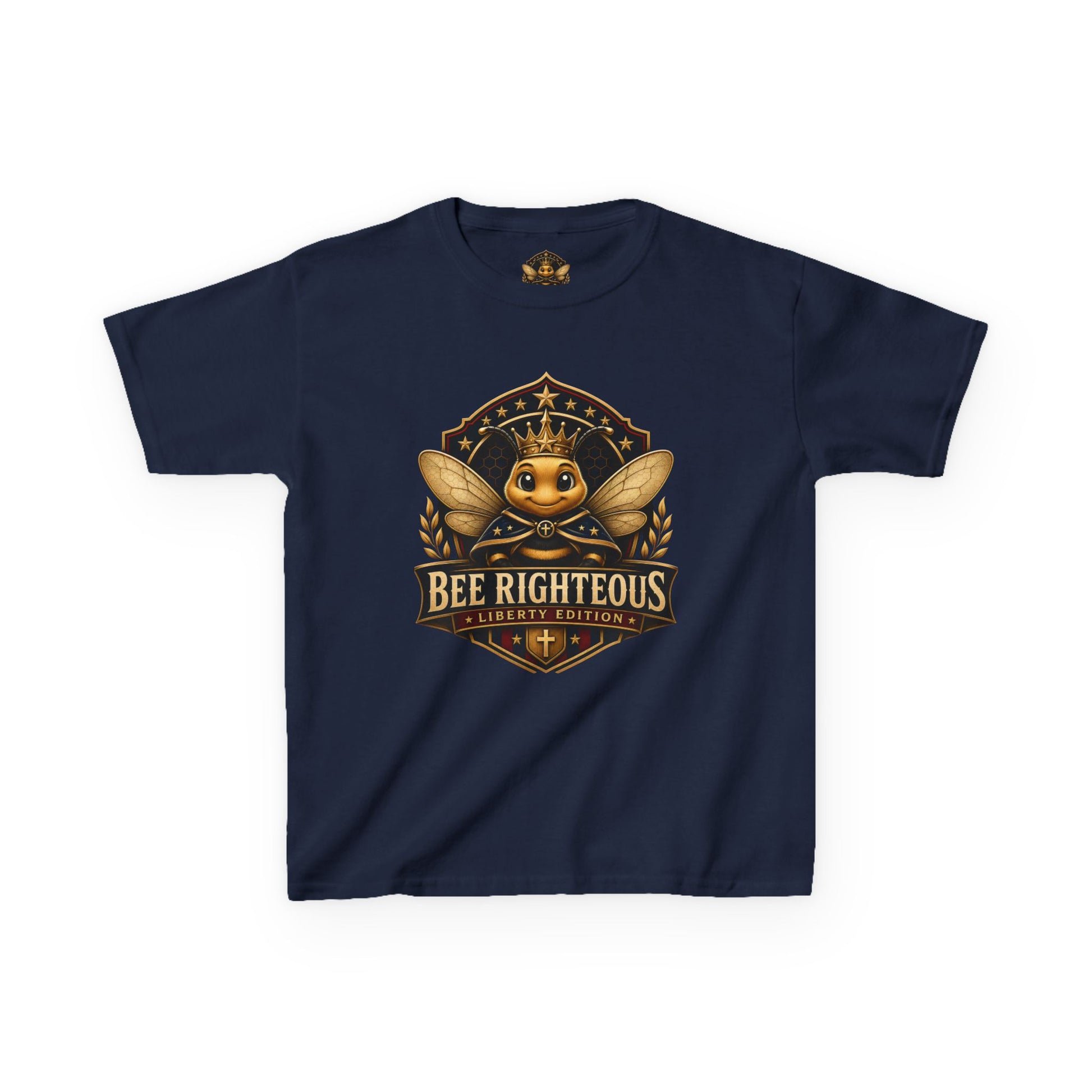 Navy blue t-shirt with a gold and white graphic design on a white background