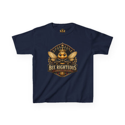 Navy blue t-shirt with a gold and white graphic design on a white background