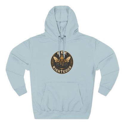 Light blue hoodie with a circular logo featuring text and a design on a white background