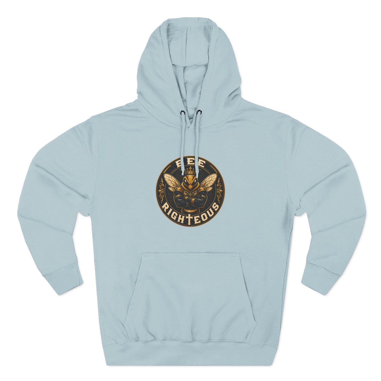 Light blue hoodie with a circular logo featuring text and a design on a white background