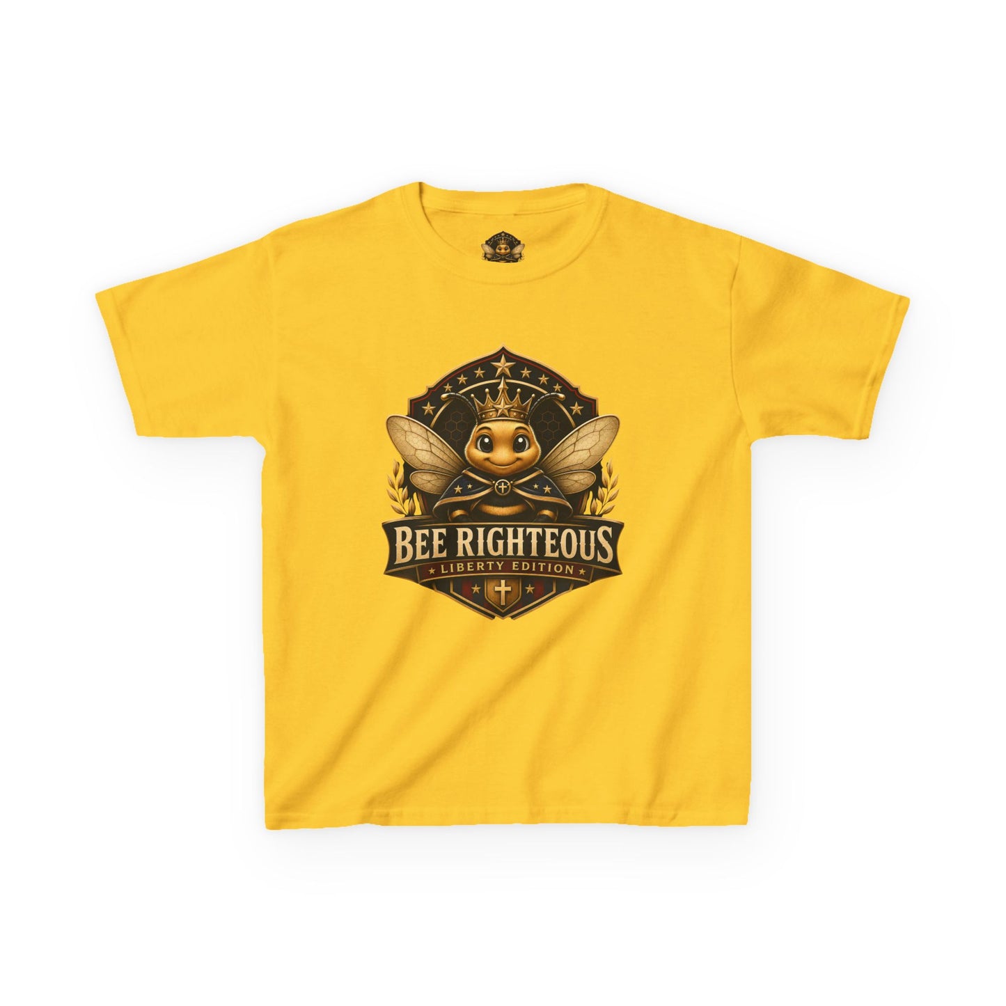 Yellow t-shirt with a bee graphic and 'Bee Righteous' text on a white background