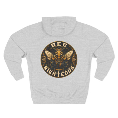 Gray hoodie with a bee-themed graphic and 'BEE RIGHTEOUS' text on a white background