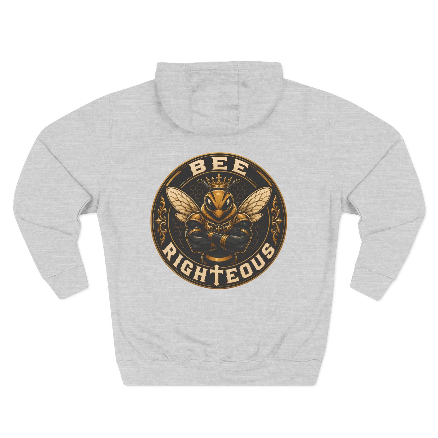Gray hoodie with a bee-themed graphic and 'BEE RIGHTEOUS' text on a white background