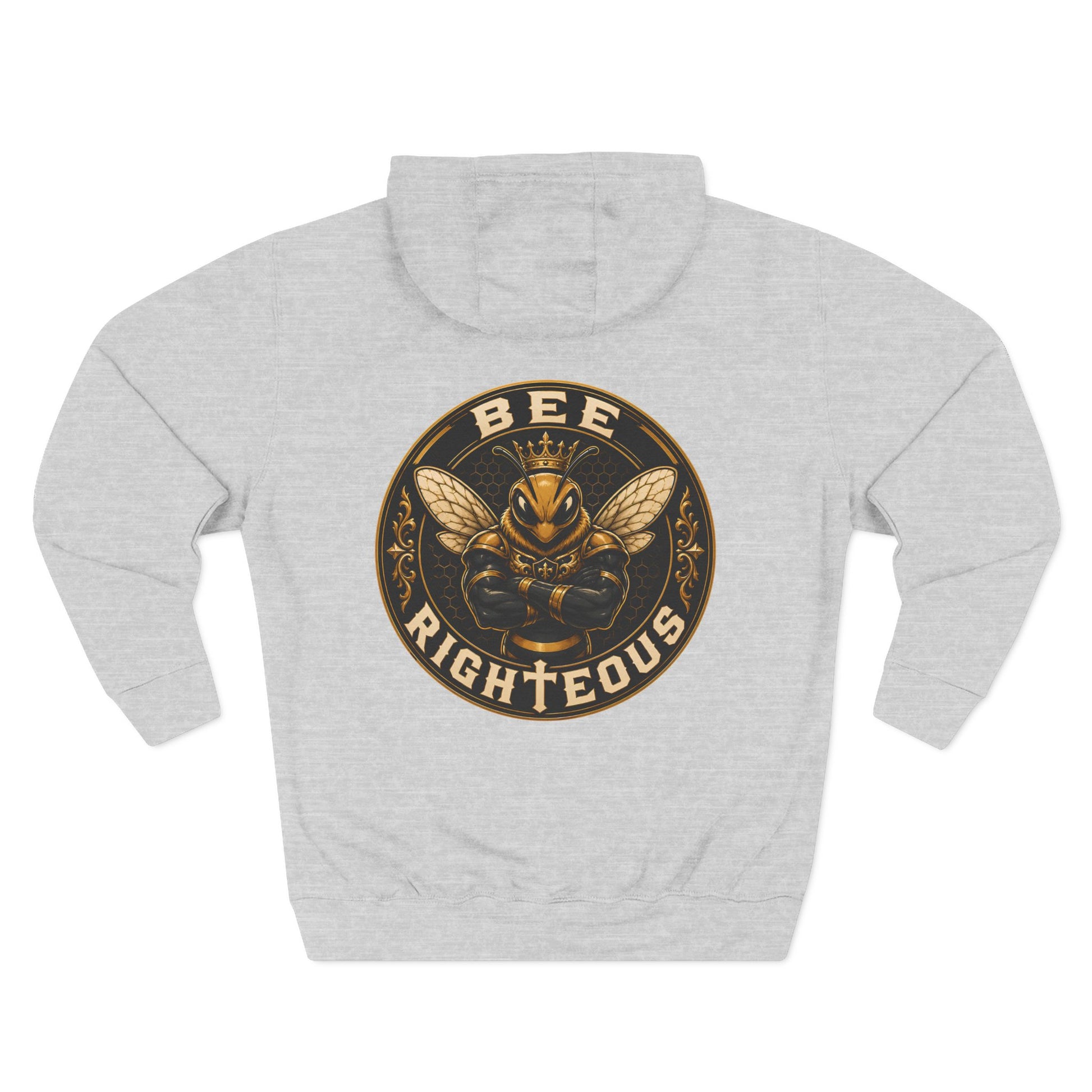 Gray hoodie with a bee-themed graphic and 'BEE RIGHTEOUS' text on a white background