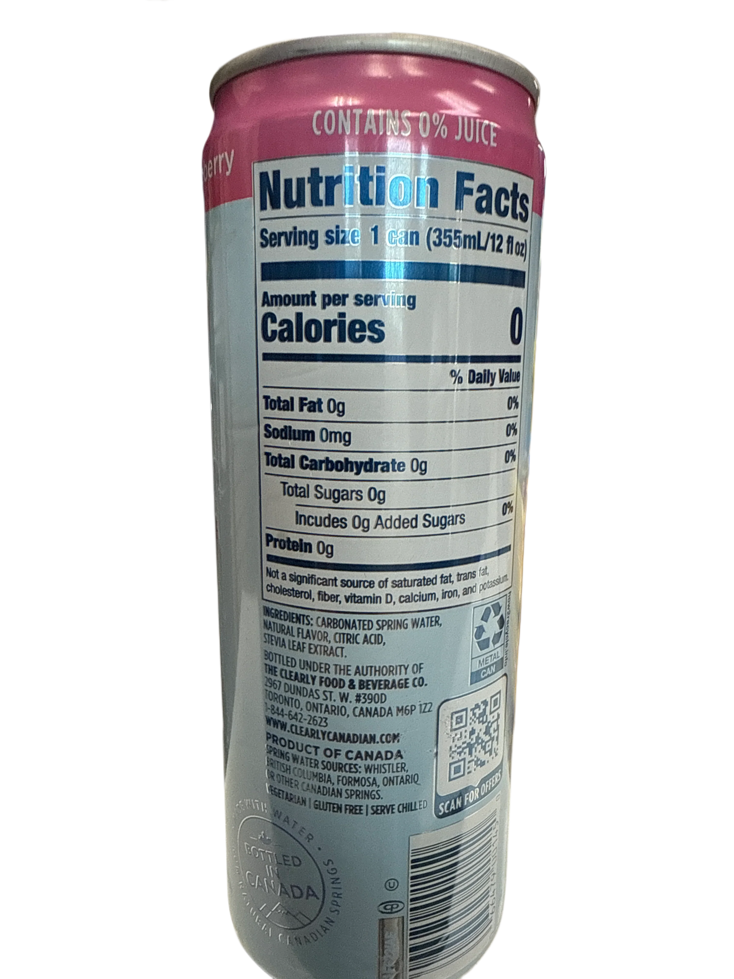 Clearly Canadian Zero Sugar  Country Raspberry Flavour 355ML - Canadian Edition