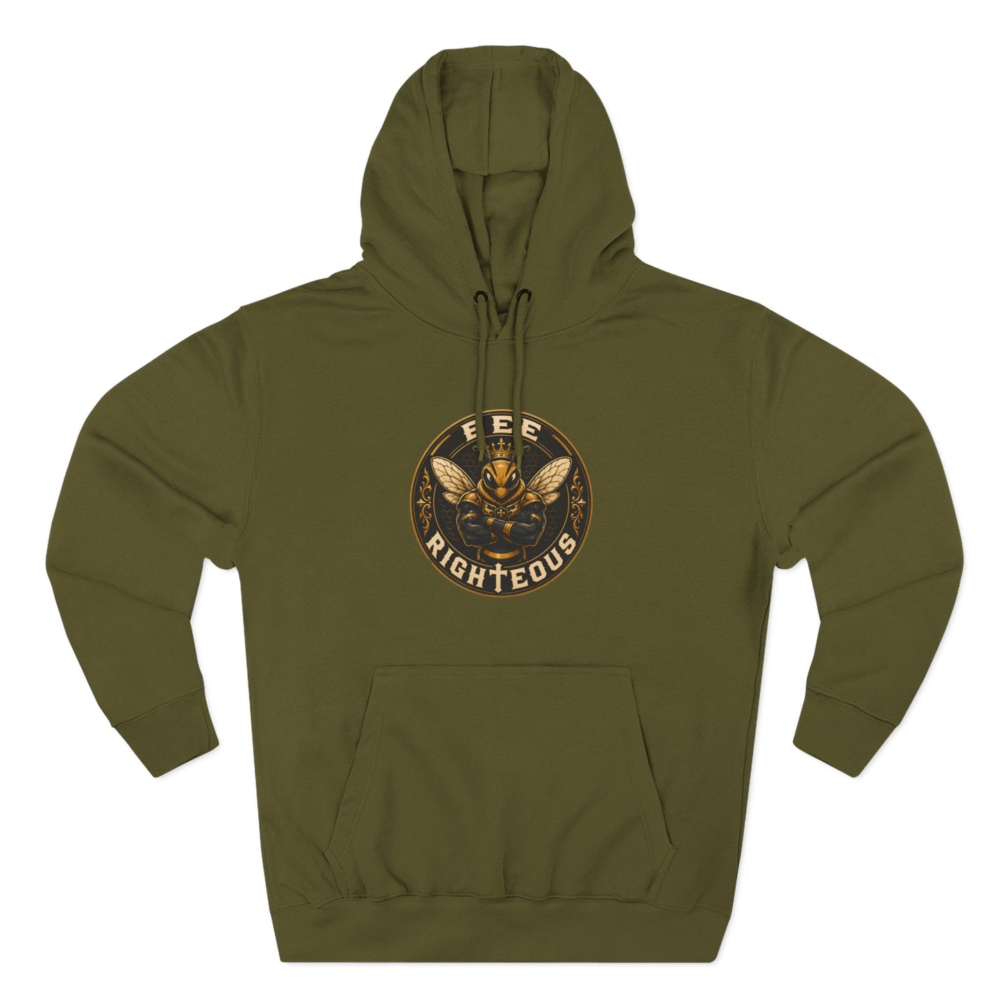 Black hoodie with a logo on the chest against a white background