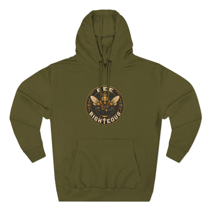 Black hoodie with a logo on the chest against a white background