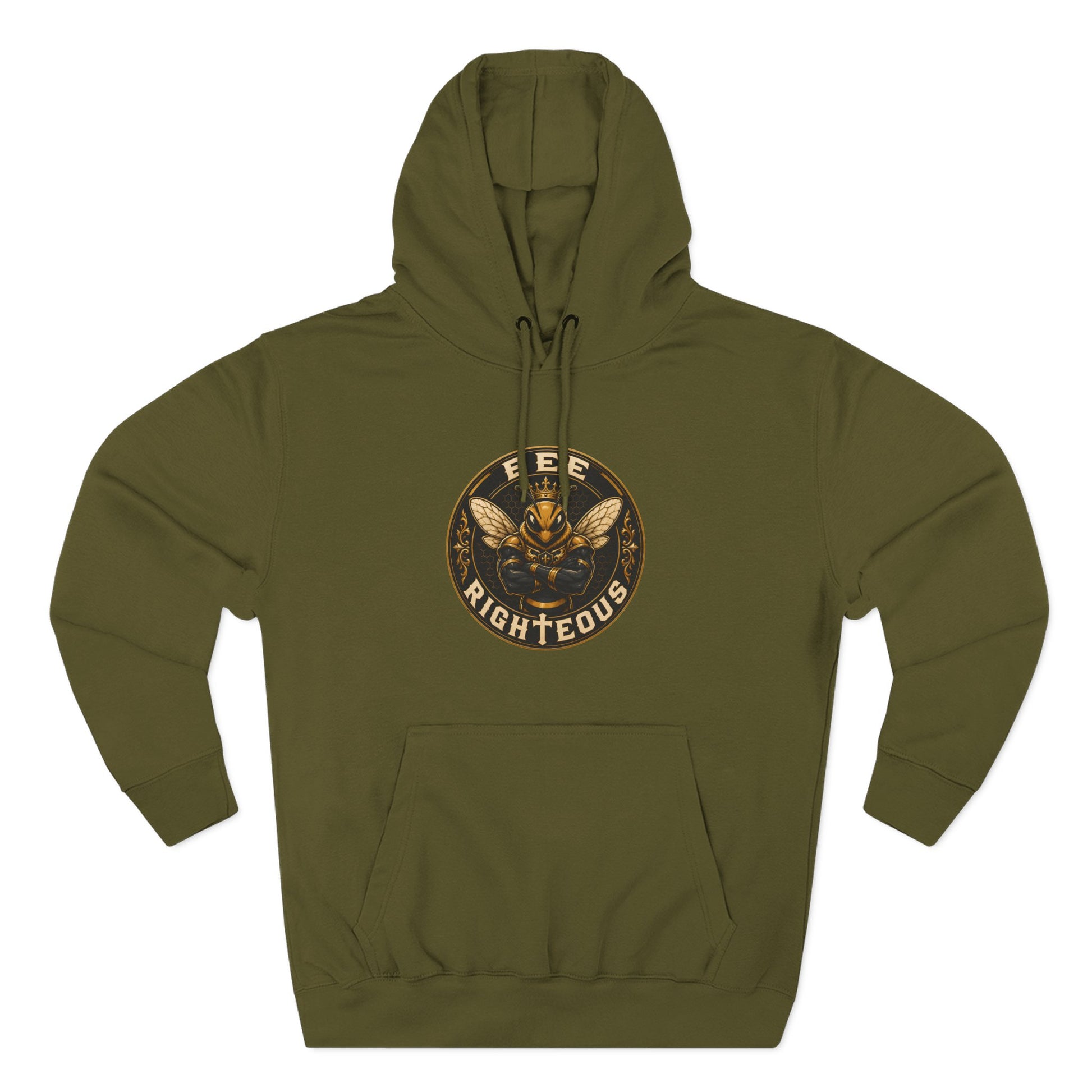 Black hoodie with a logo on the chest against a white background
