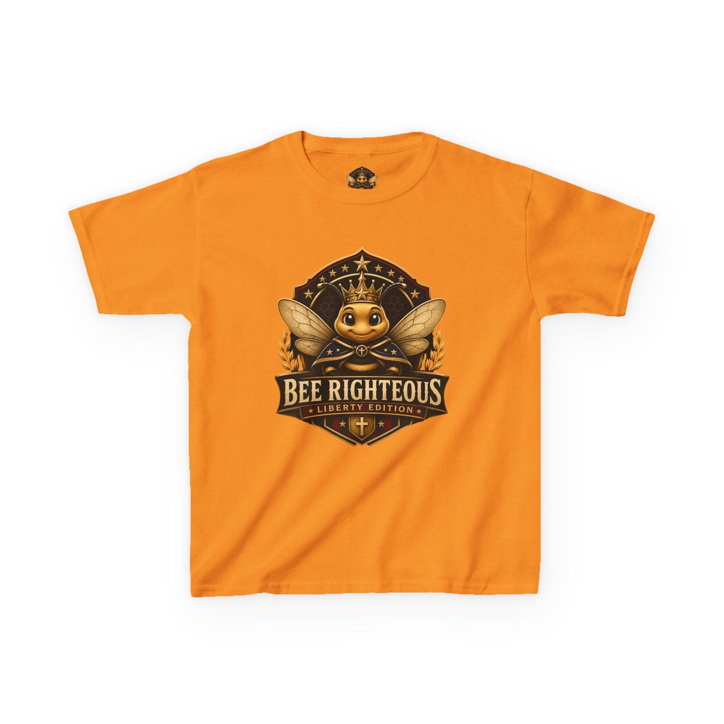 Orange t-shirt with a bee graphic and 'Bee Righteous' text on a white background