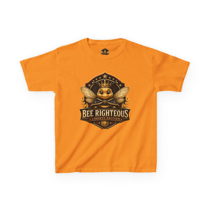 Orange t-shirt with a bee graphic and 'Bee Righteous' text on a white background