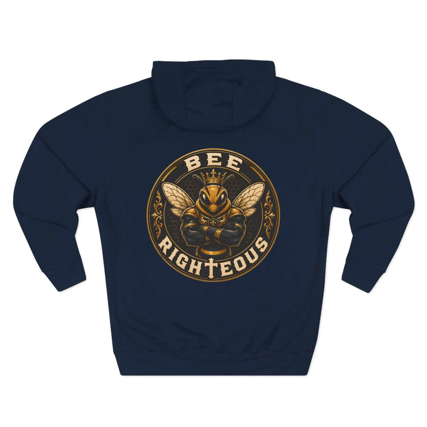 Navy blue hoodie with gold 'BEE RIGHTEOUS' logo on a white background