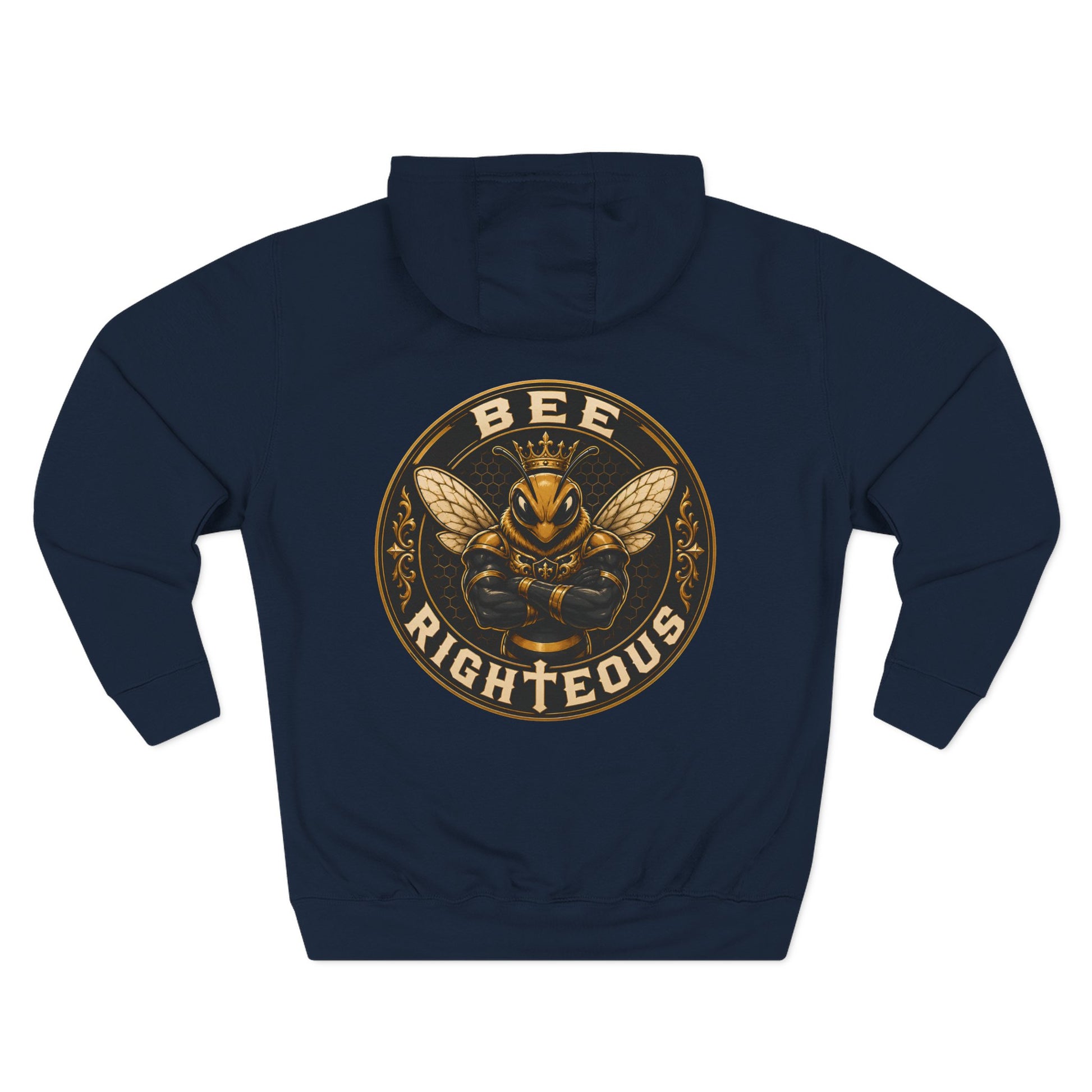 Navy blue hoodie with gold 'BEE RIGHTEOUS' logo on a white background