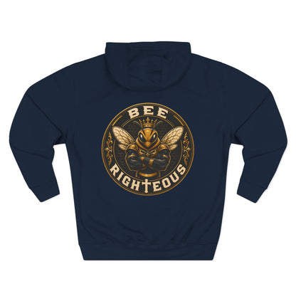 Navy blue hoodie with gold 'BEE RIGHTEOUS' logo on a white background