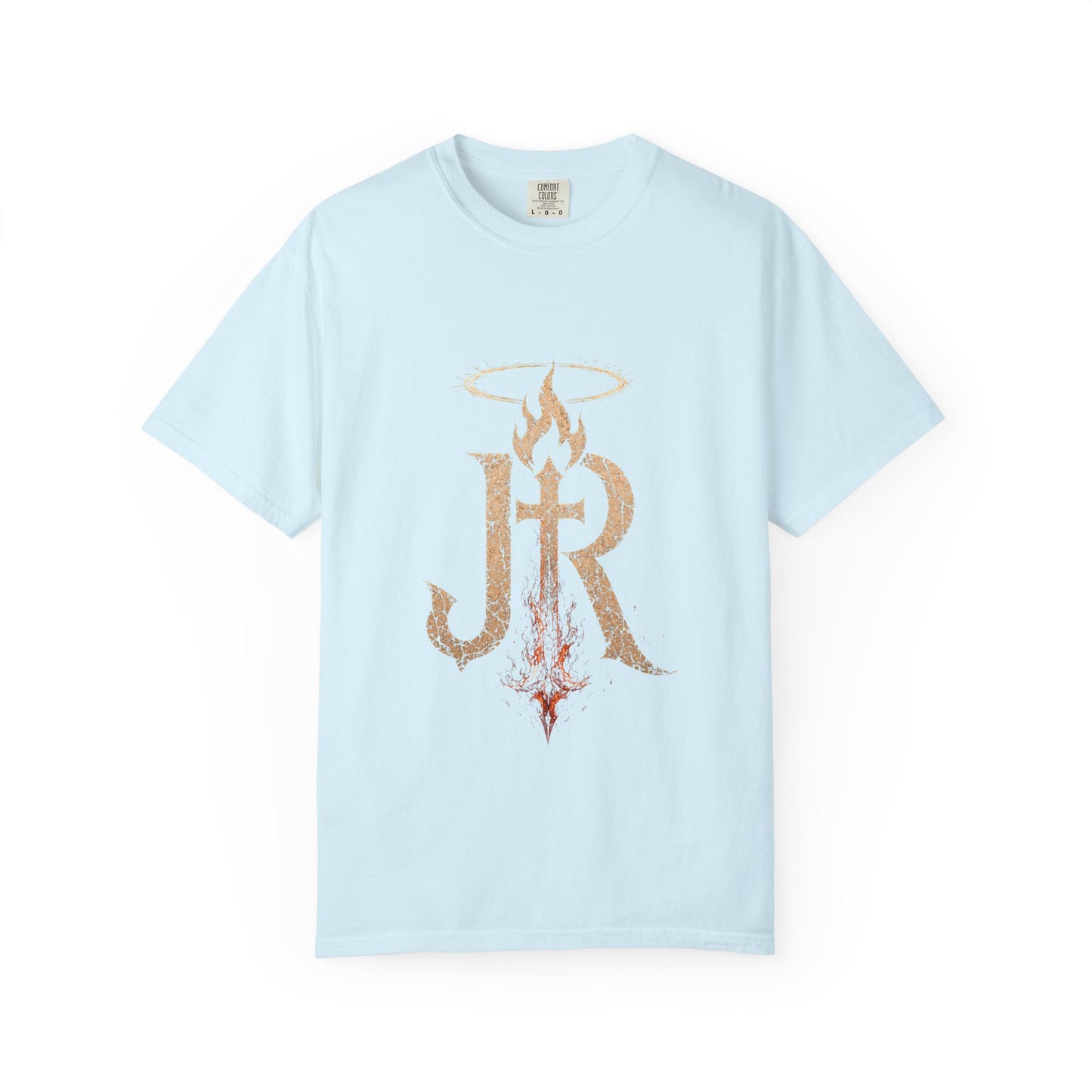Light blue t-shirt with decorative design and text on a white background