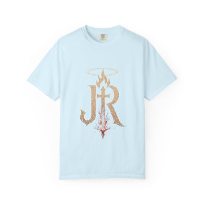 Light blue t-shirt with decorative design and text on a white background