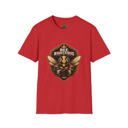 Red t-shirt with a bee graphic and 'Bee Righteous' text on a white background