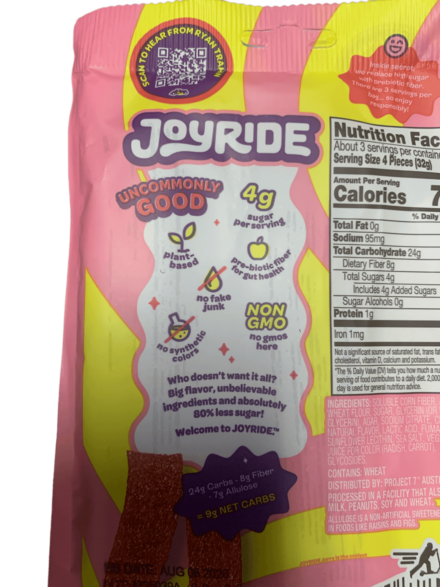 Ryan Trahan's Joyride Plant Based Sour Pink Lemonade Strips Candy 99G U.S Edition