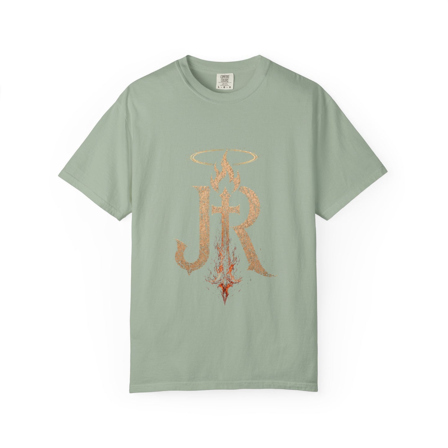 Light green t-shirt with decorative design on a white background